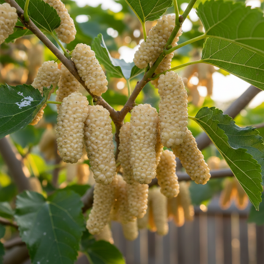MORUS 'ELDORÁDÓ' Fehér termésű eperfa termése