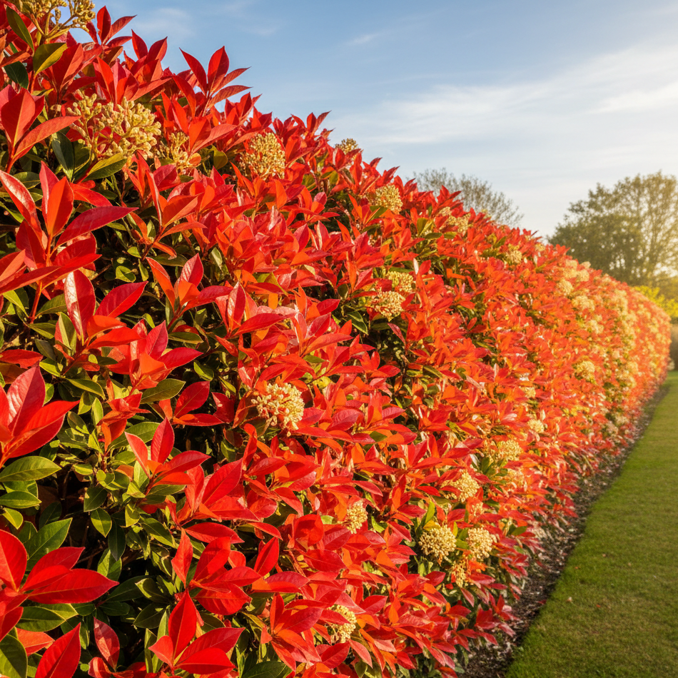 Vörös levelű korallberkenye sövény kerítés mellett