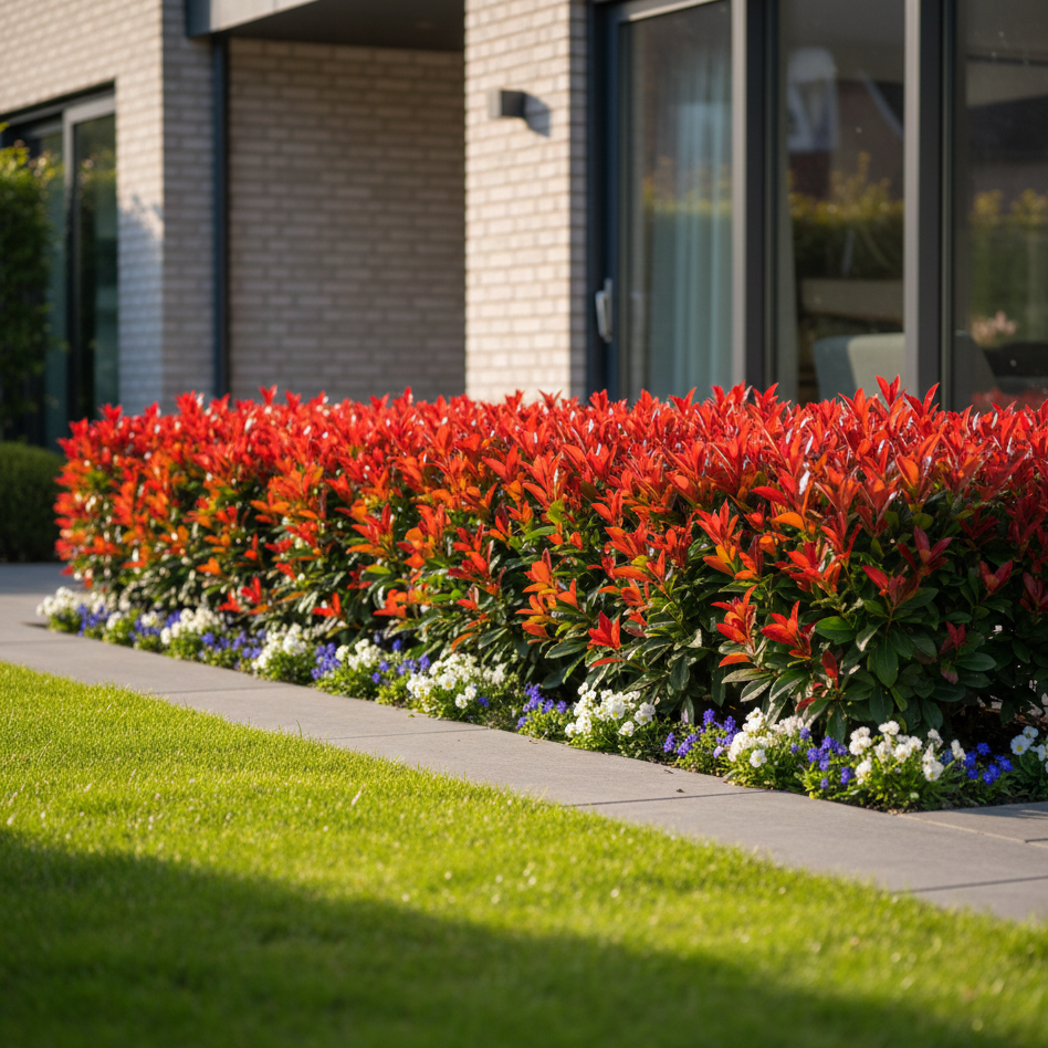 Vörös levelű Compacta korallberkenye sövény ház mellett