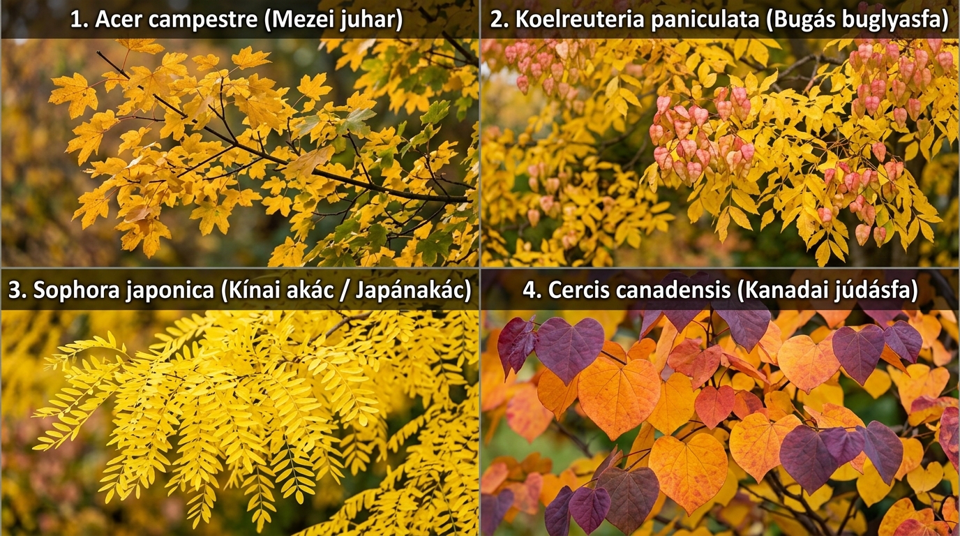 Juhar-Júdásfa-Csörgőfa-Pagodafa